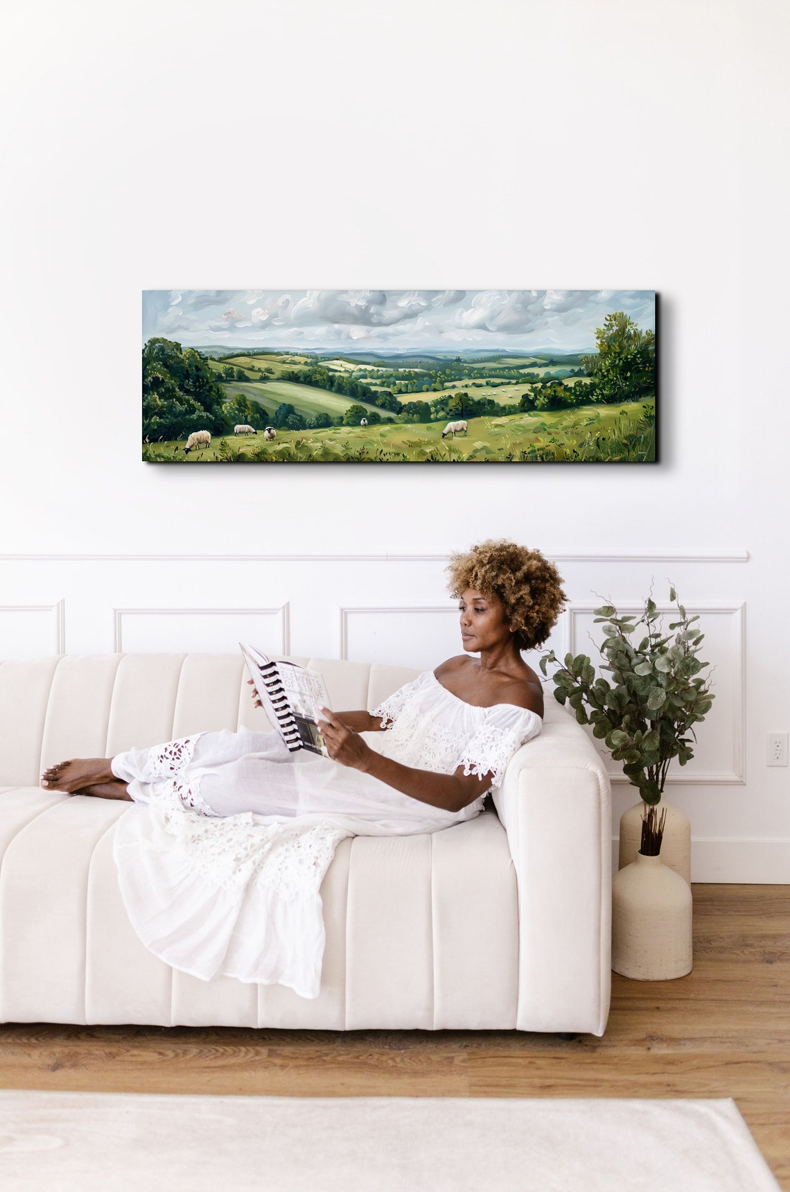 Sheep Grazing in a Lush Meadow Under a Cloudy Sky Panoramic Poster - Image 5