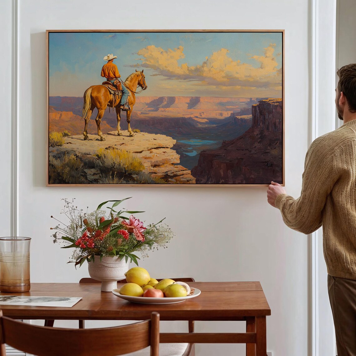Cowboy on Horse at Canyon Overlook Daylight Western Landscape Poster - Image 2