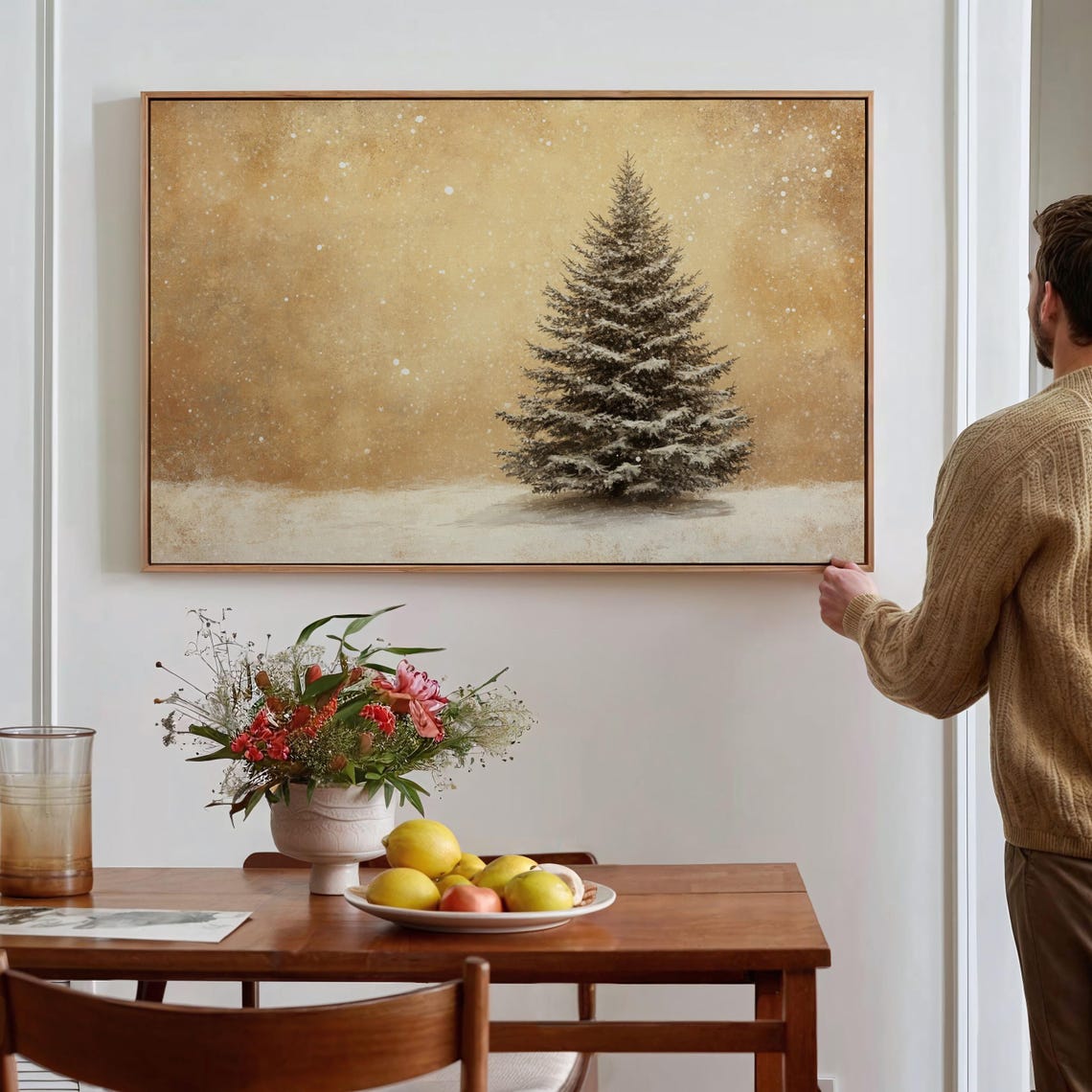 Snowy Pine Tree in Golden Snowfall Winter Christmas Wall Poster - Image 5