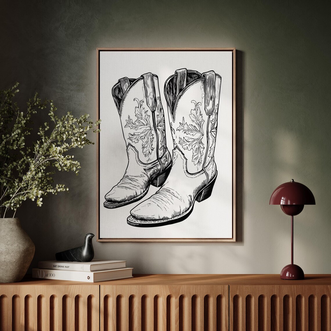 Floral Embroidered Cowboy Boots Ink Drawing Black and White Poster