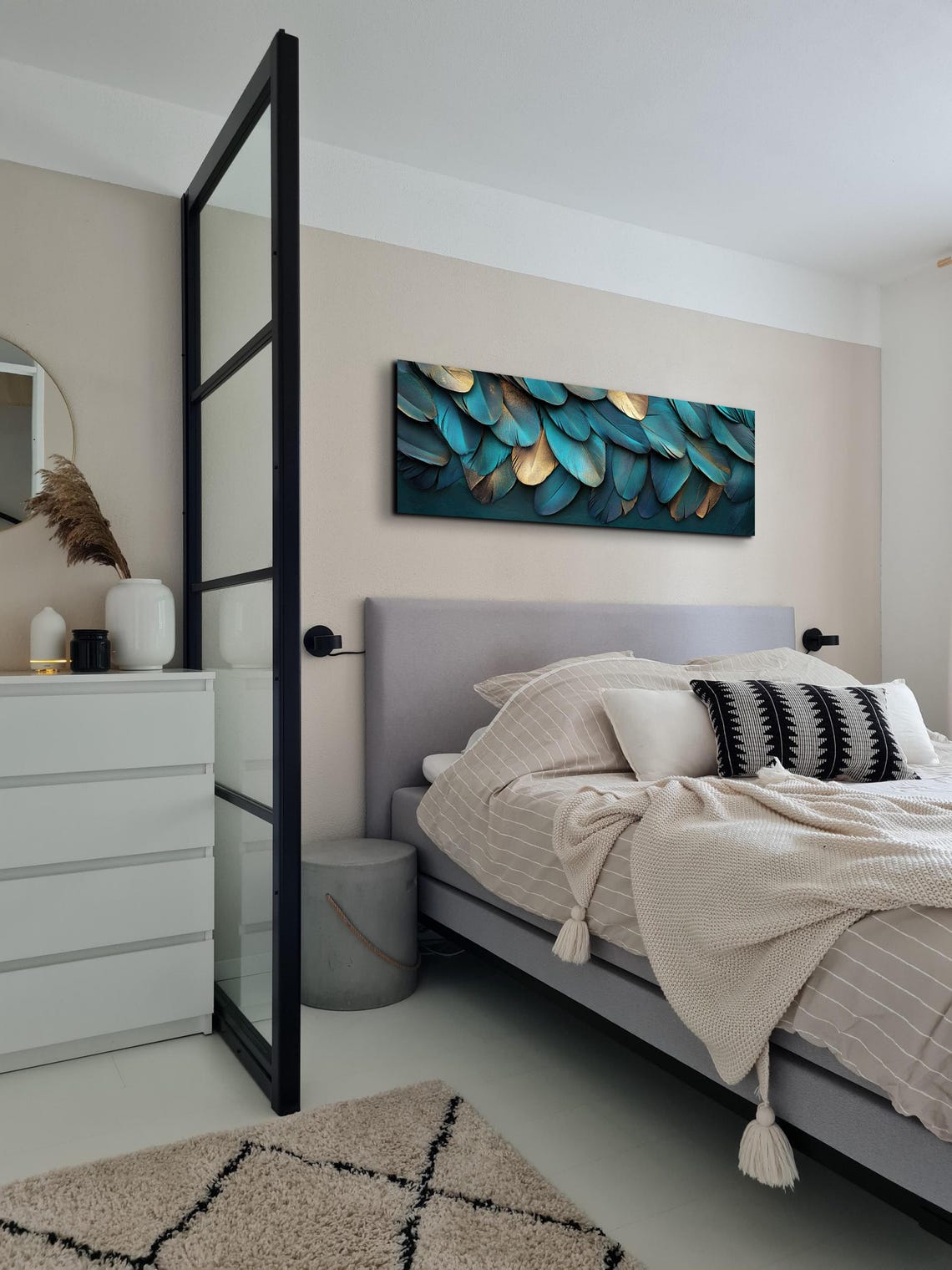 Layered Teal Gold Feathers Modern Elegant Panoramic Nature Poster - Image 3