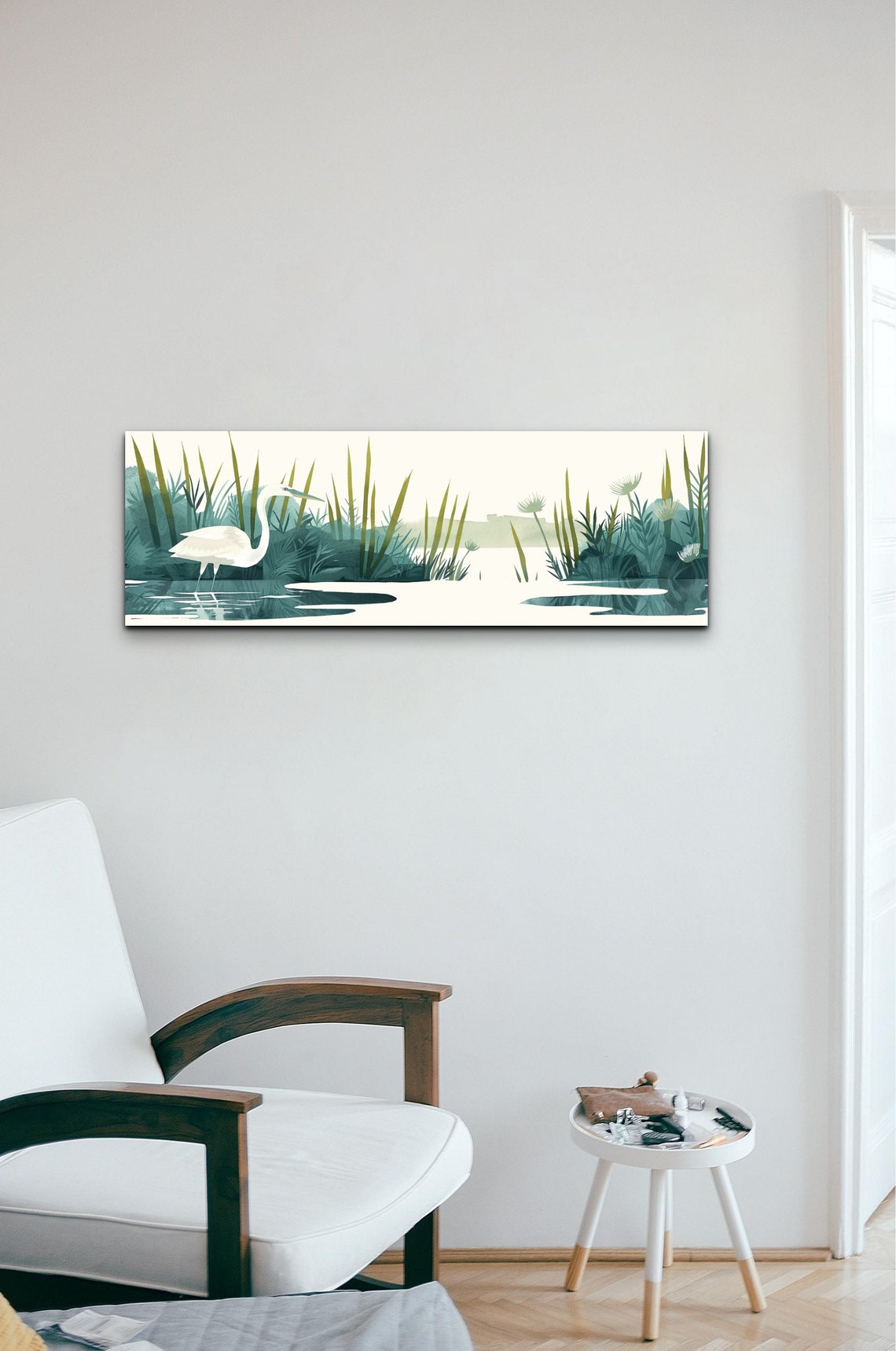 White Egret Wading In Marsh Watercolor Reeds Panoramic Wall Art - Image 6