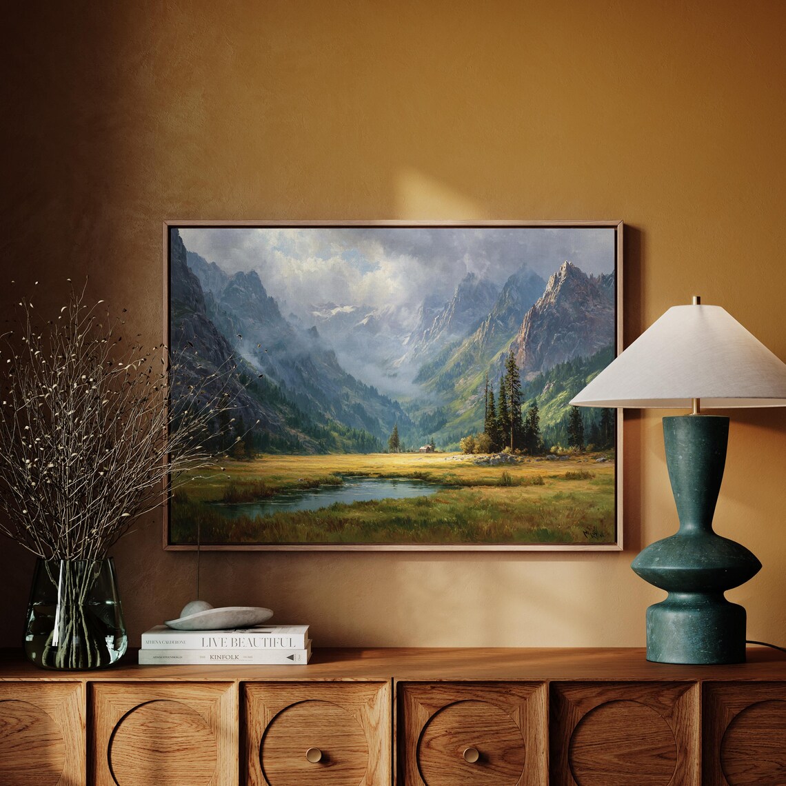 Majestic Mountain Valley With Cabin Art Print
