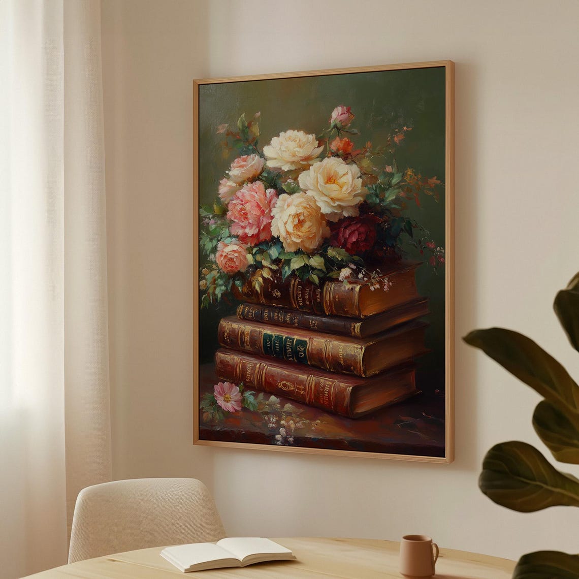 Antique Books With Rose Bouquet Dark Green Vintage Still Life Poster