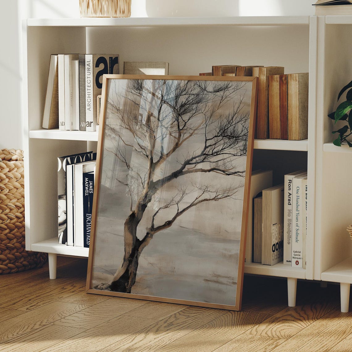 Solitary Winter Tree Bare Branches Minimalist Neutral Wall Art