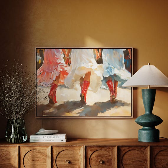 Country Dance Art Red Cowboy Boots Western Dress Painting Rustic Wall Decor For Farmhouse And Country Style Homes