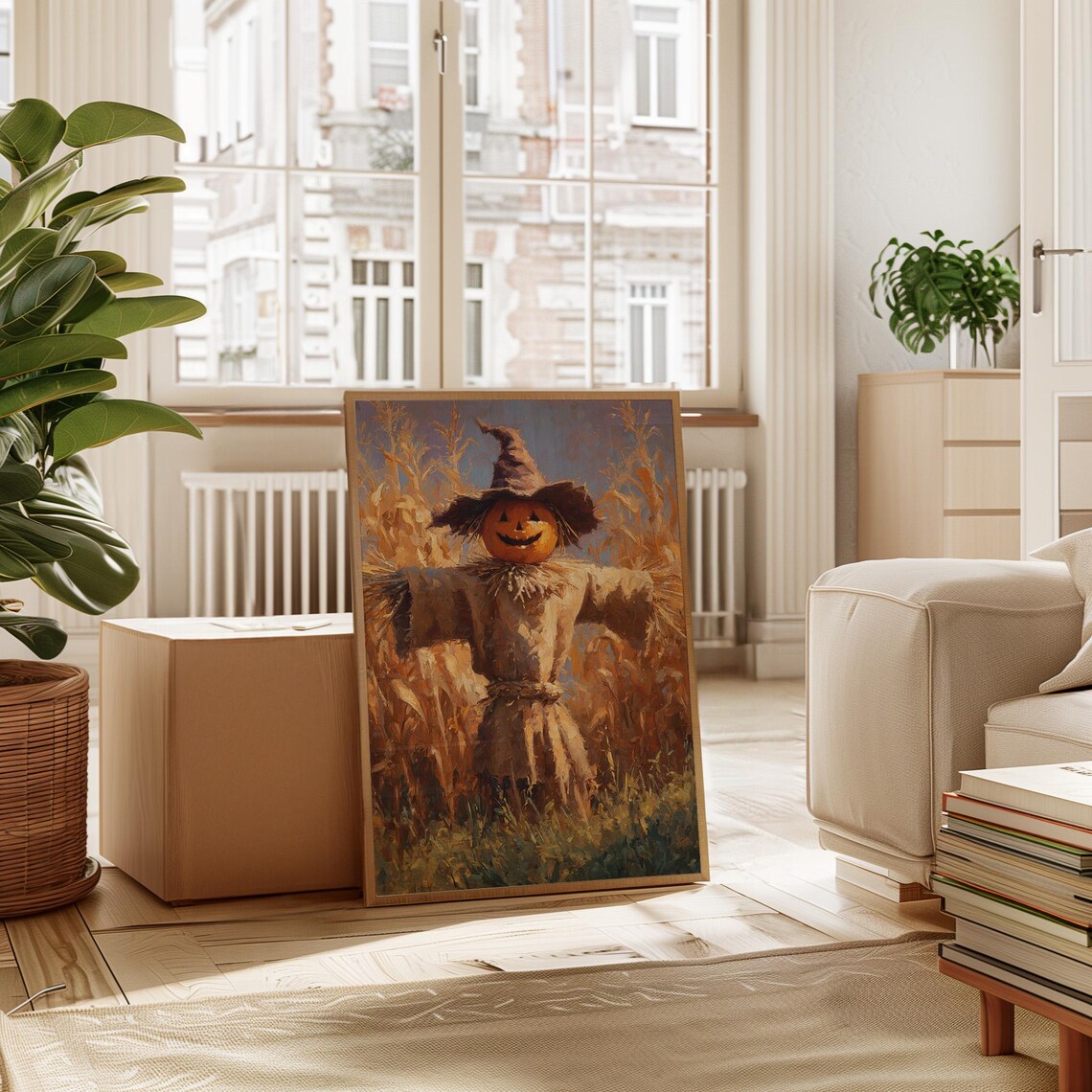 Pumpkin Head Scarecrow In Golden Wheat Field Autumn Harvest Season Wall Art