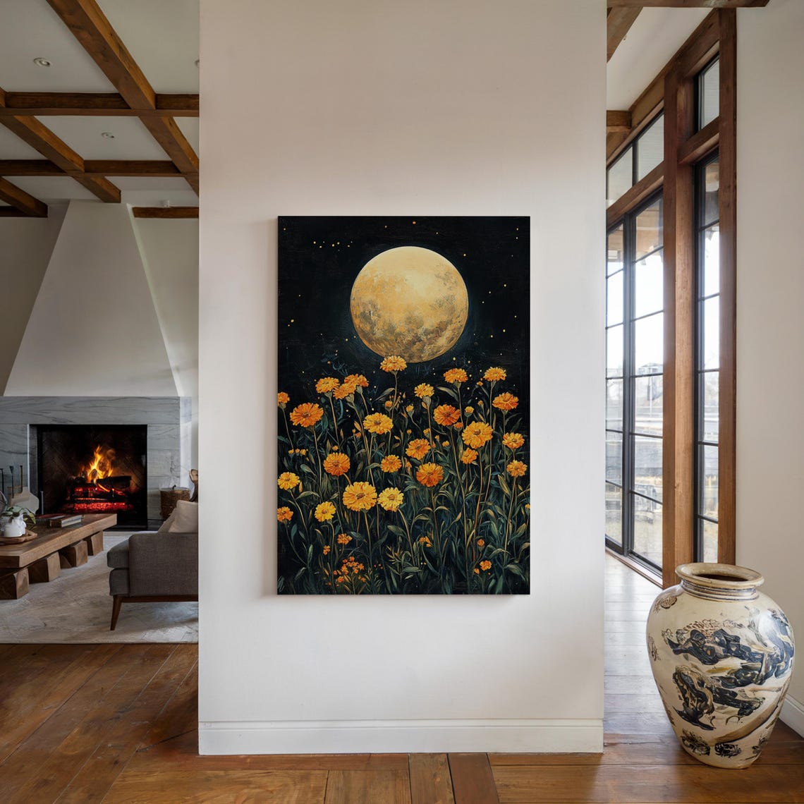 Golden Full Moon Over Marigold Field Starry Night Floral Poster - Image 5