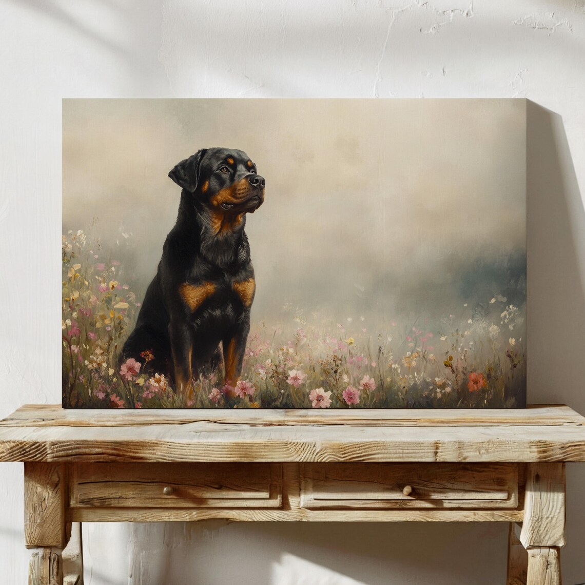 Rottweiler in Flower Meadow Vintage Art Print