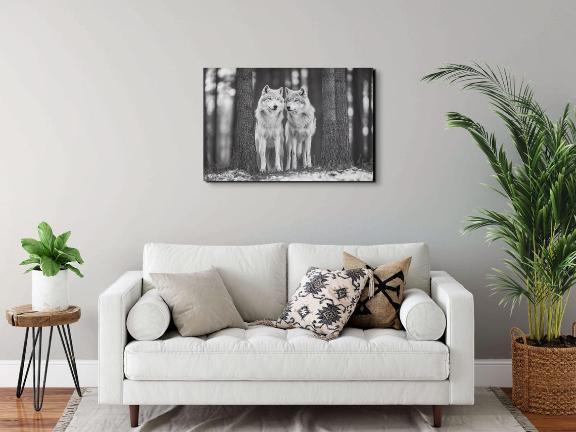 Two Gray Wolves Between Pine Trees Black and White Photo Poster - Image 4