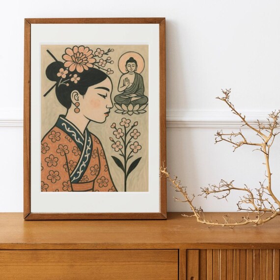 Japanese Woman Kimono Cherry Blossom Buddha Meditation Poster
