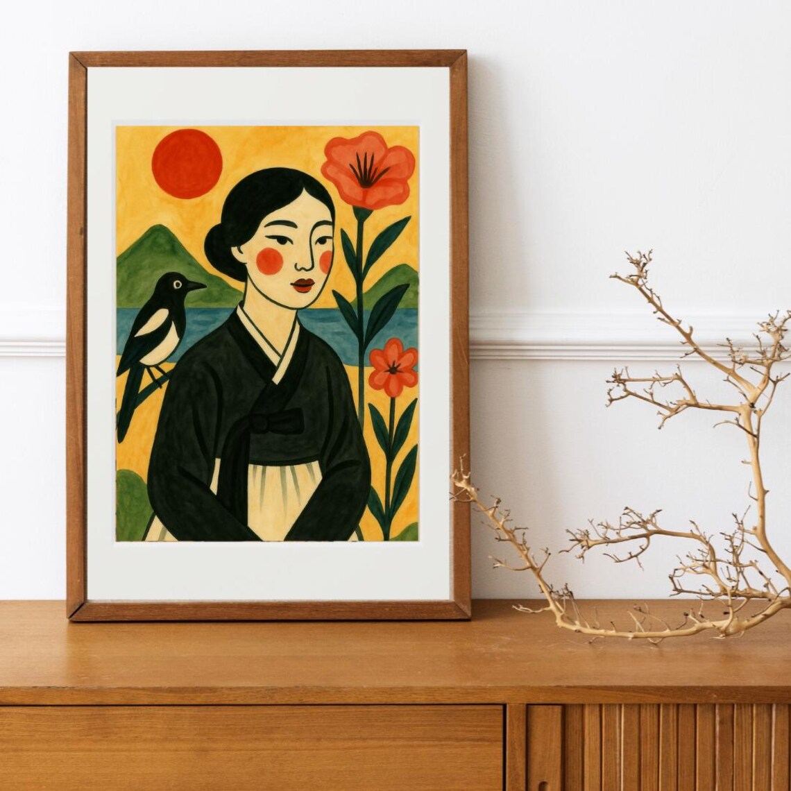 Korean Woman in Black Hanbok Magpie Red Flowers Folk Art Poster