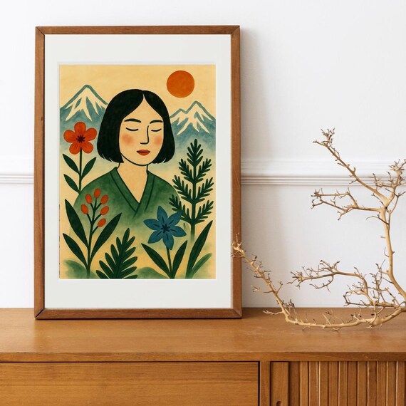 Japanese Woman Red Sun Mountain Meadow Floral Folk Art Poster