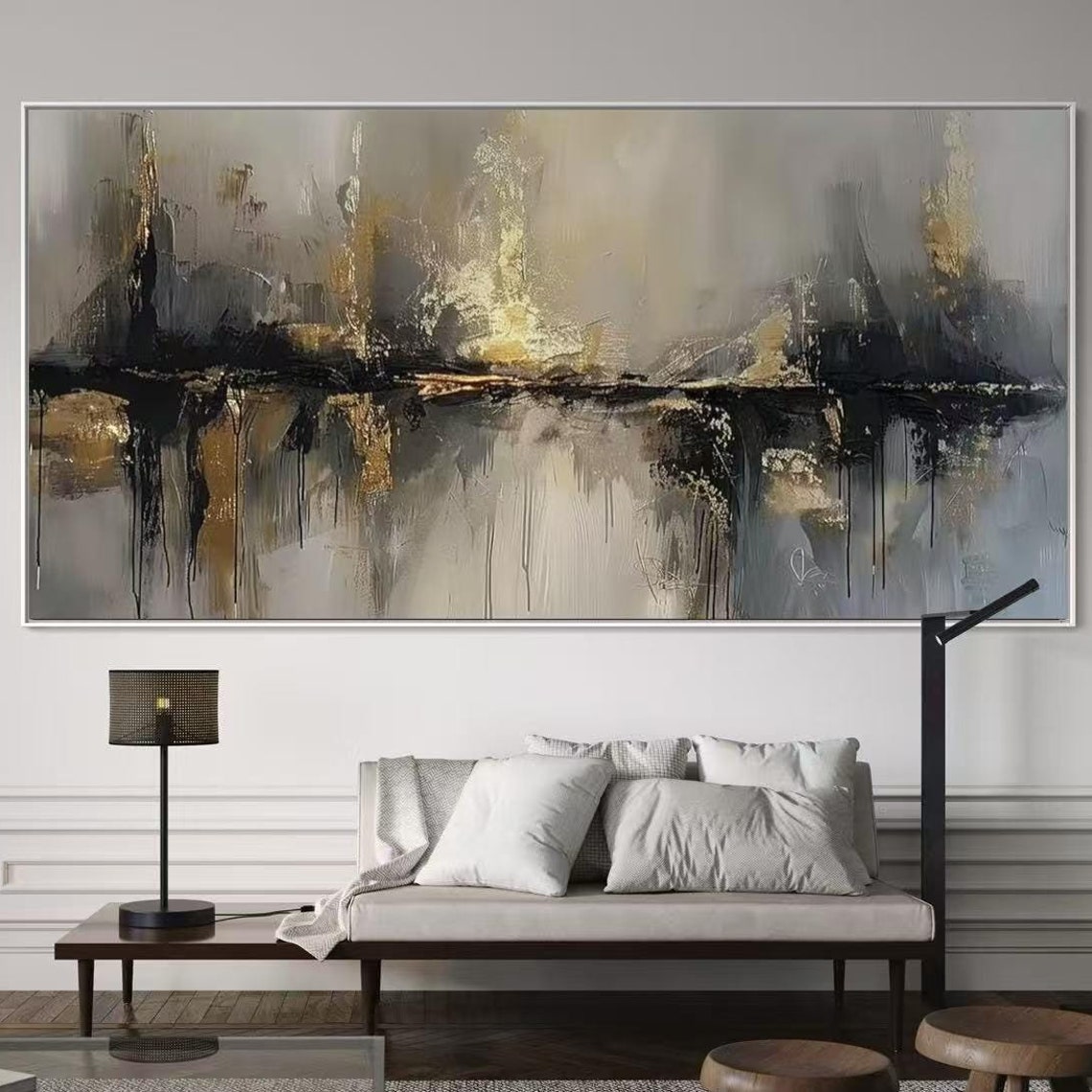 Brooding Black and Gold Streaked Horizon with Drips Abstract Poster