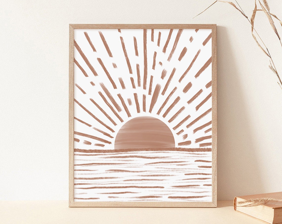 Terracotta Sun Rays Ocean Hand Drawn Minimalist Sunset Poster