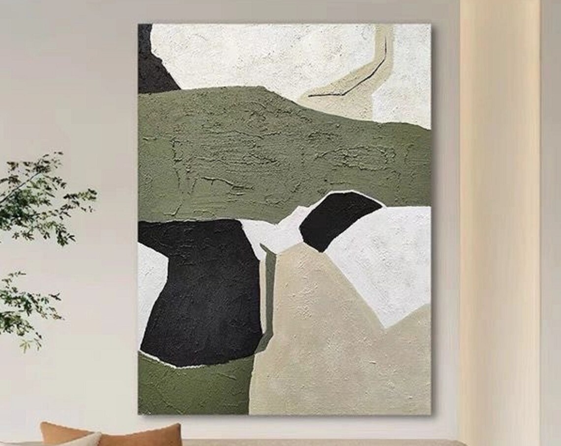 Green And White Abstract Painting On Wall Art Green Painting Black And White Painting Textured Painting Framed Painting Room Decor