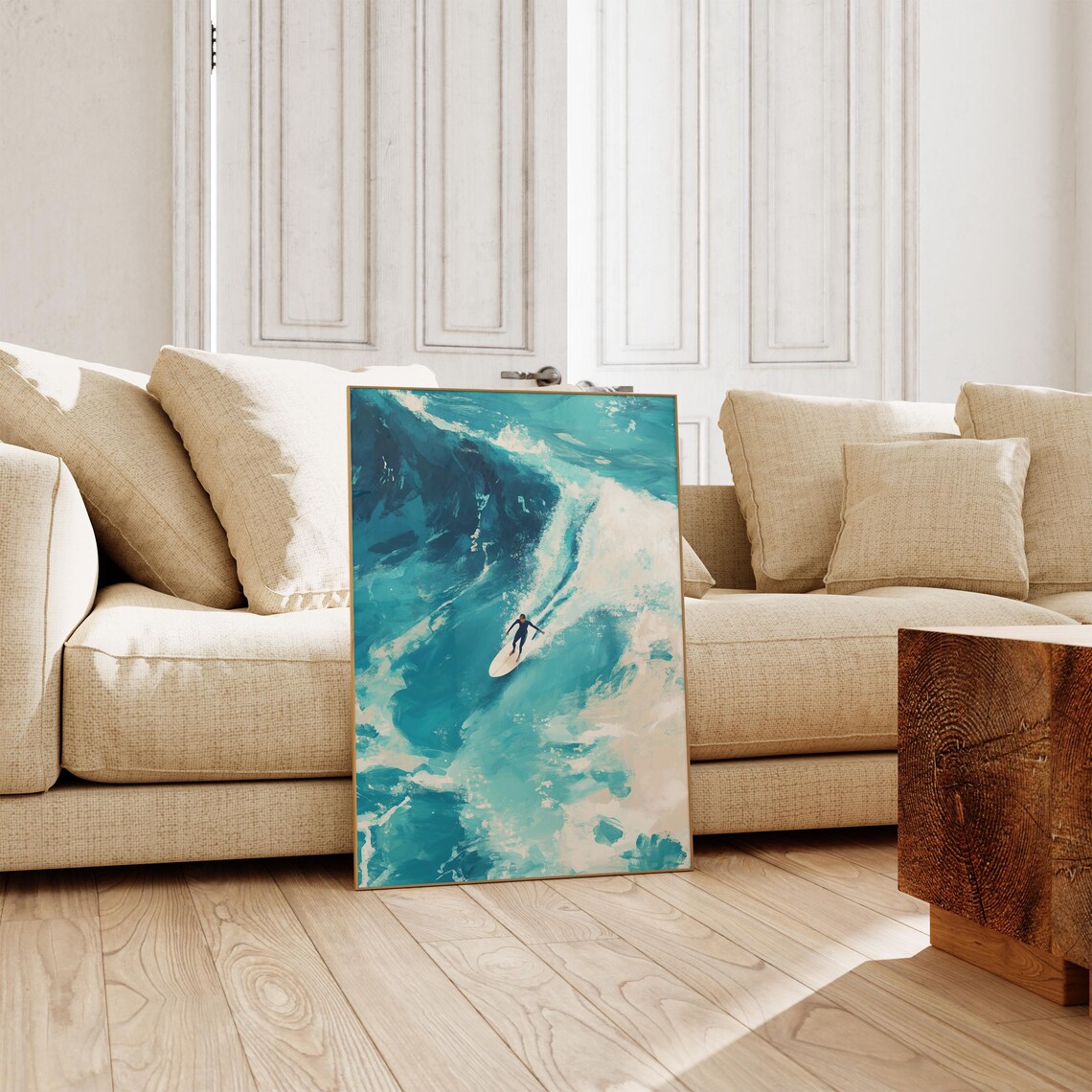 Lone Surfer Turquoise Wave Aerial Painting Poster Ocean Surf Decor - Image 3