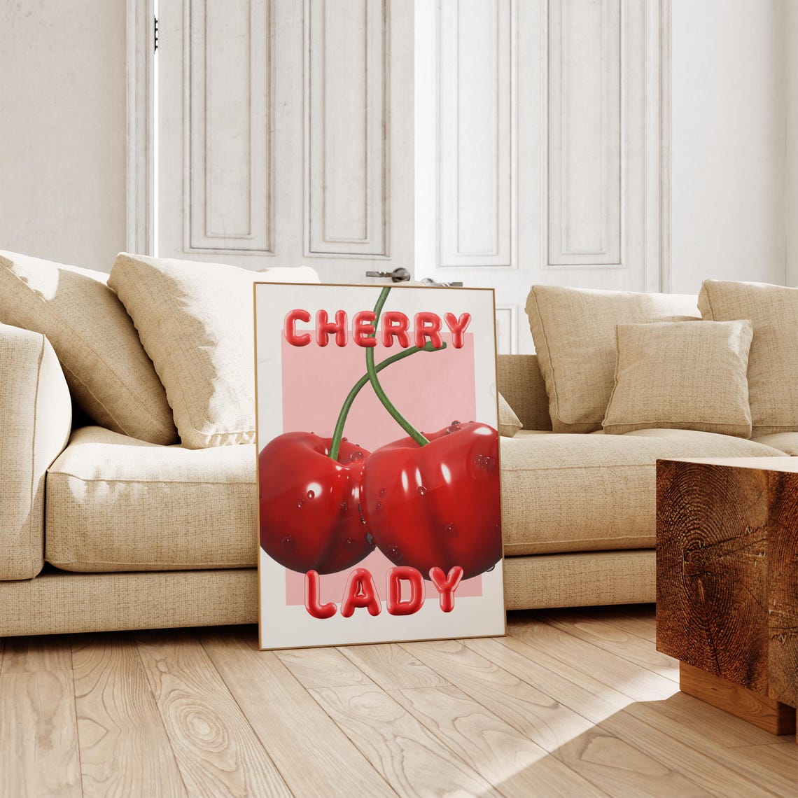 Cherry Lady Glossy Red Cherries Pink Coquette Room Decor Poster - Image 2