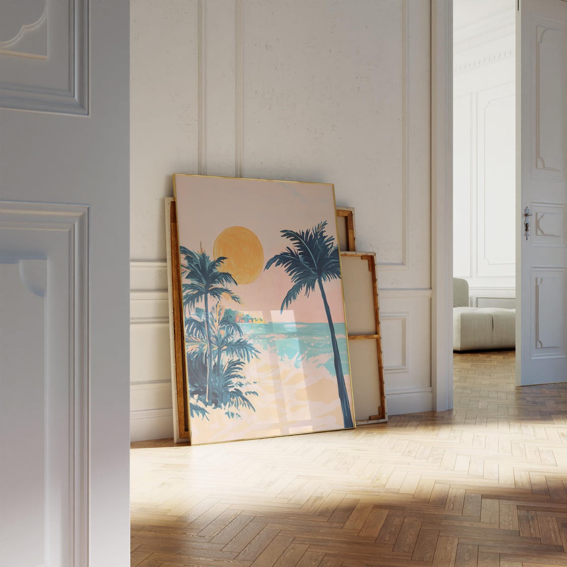 Tropical Sunset Painting Big Orange Sun Palm Trees Beach Poster - Image 2