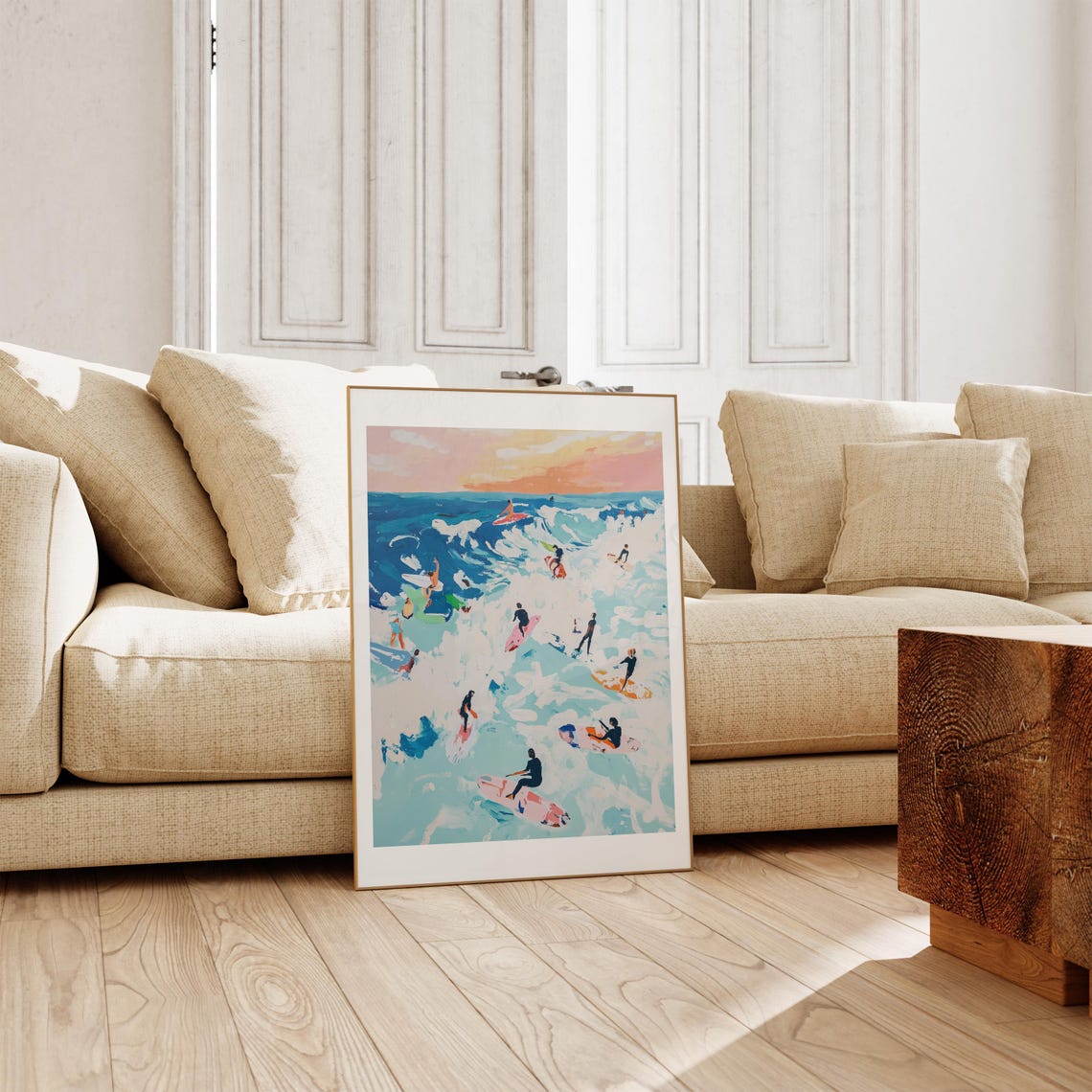 Surfers at Sunset Aerial Blue Orange Waves Watercolor Poster - Image 3
