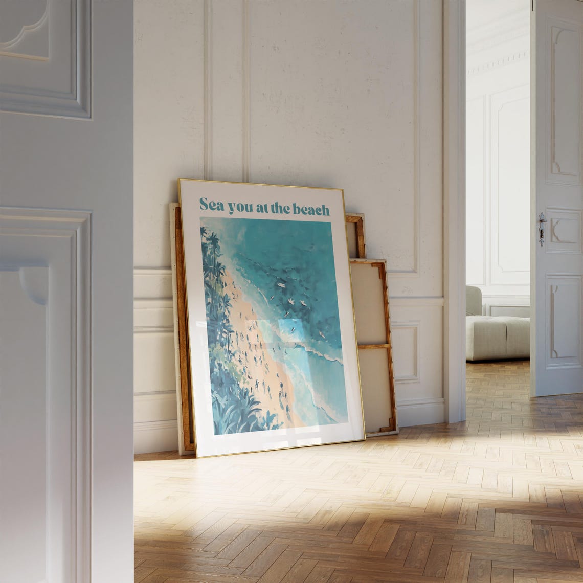Sea You at the Beach Aerial Surfers Palms Pun Coastal Poster - Image 2