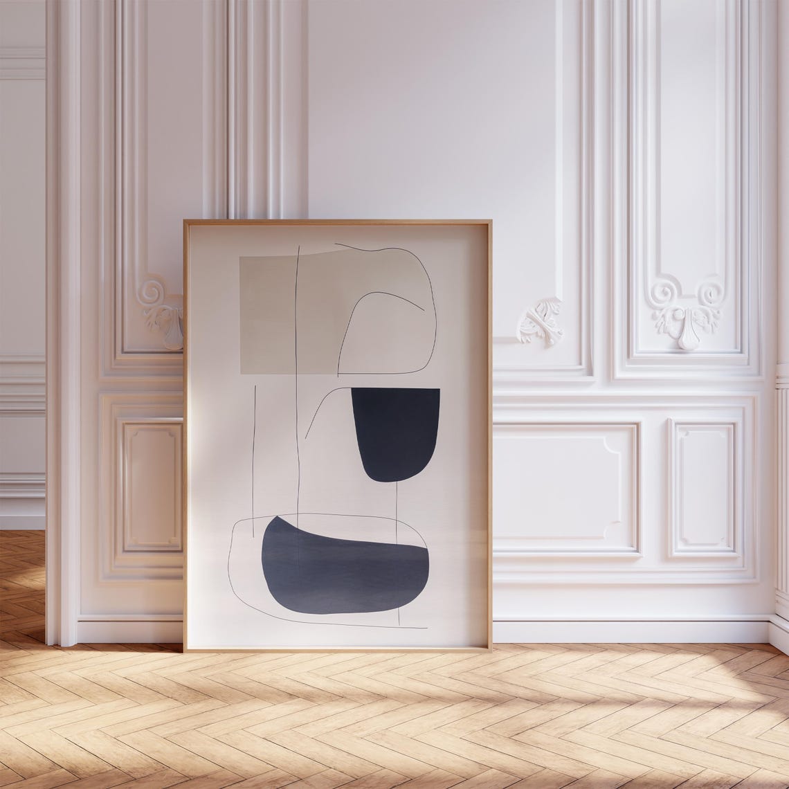 Minimal Line Art Abstract Curved Beige Black Shapes Decor Poster - Image 3