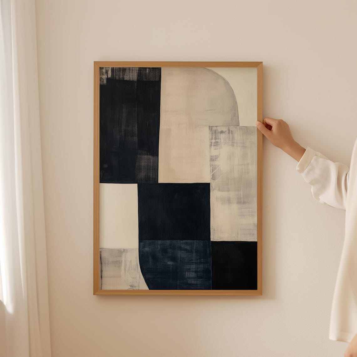 Black Cream Brush Abstract Geometric Block Japandi Modern Poster