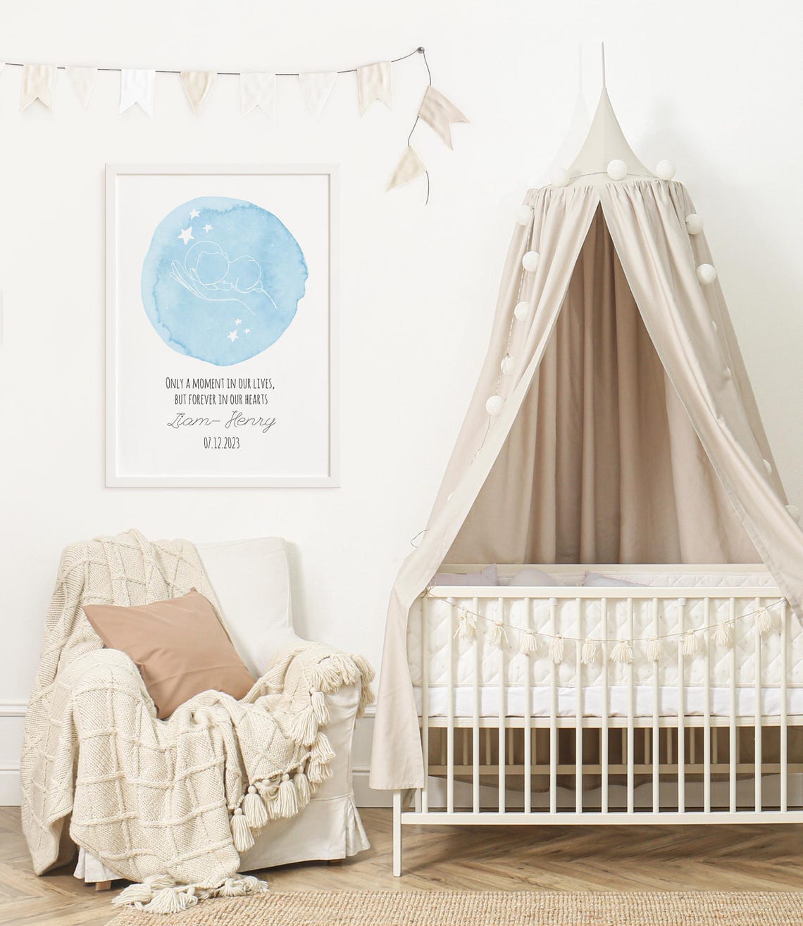 Baby Hand Outline Blue Circle Personalized Memorial Art Poster - Image 2