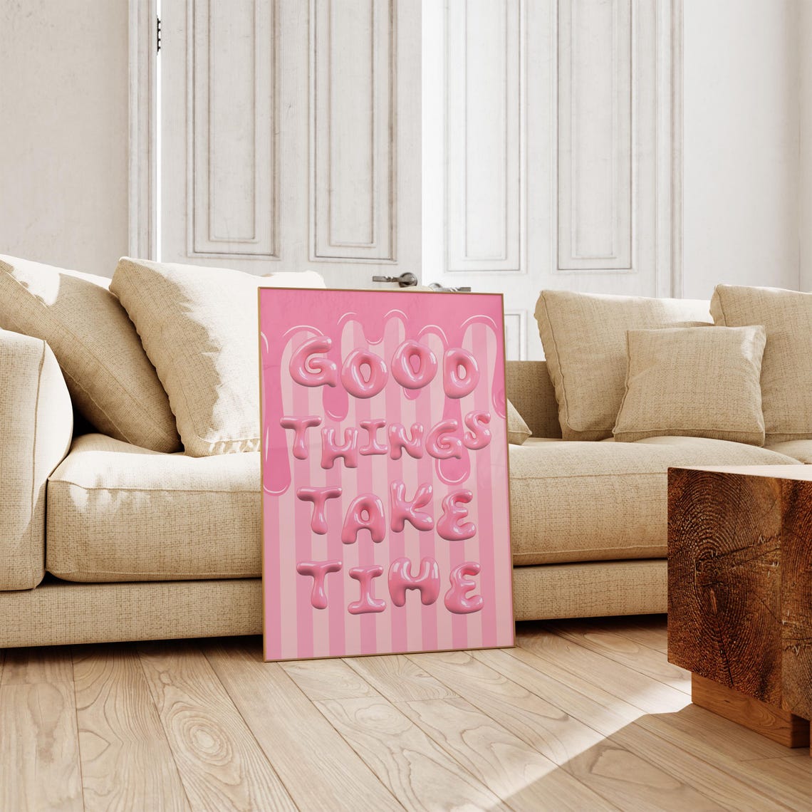 Good Things Take Time Pink Drippy Bubble Letter Quote Wall Art Poster - Image 2