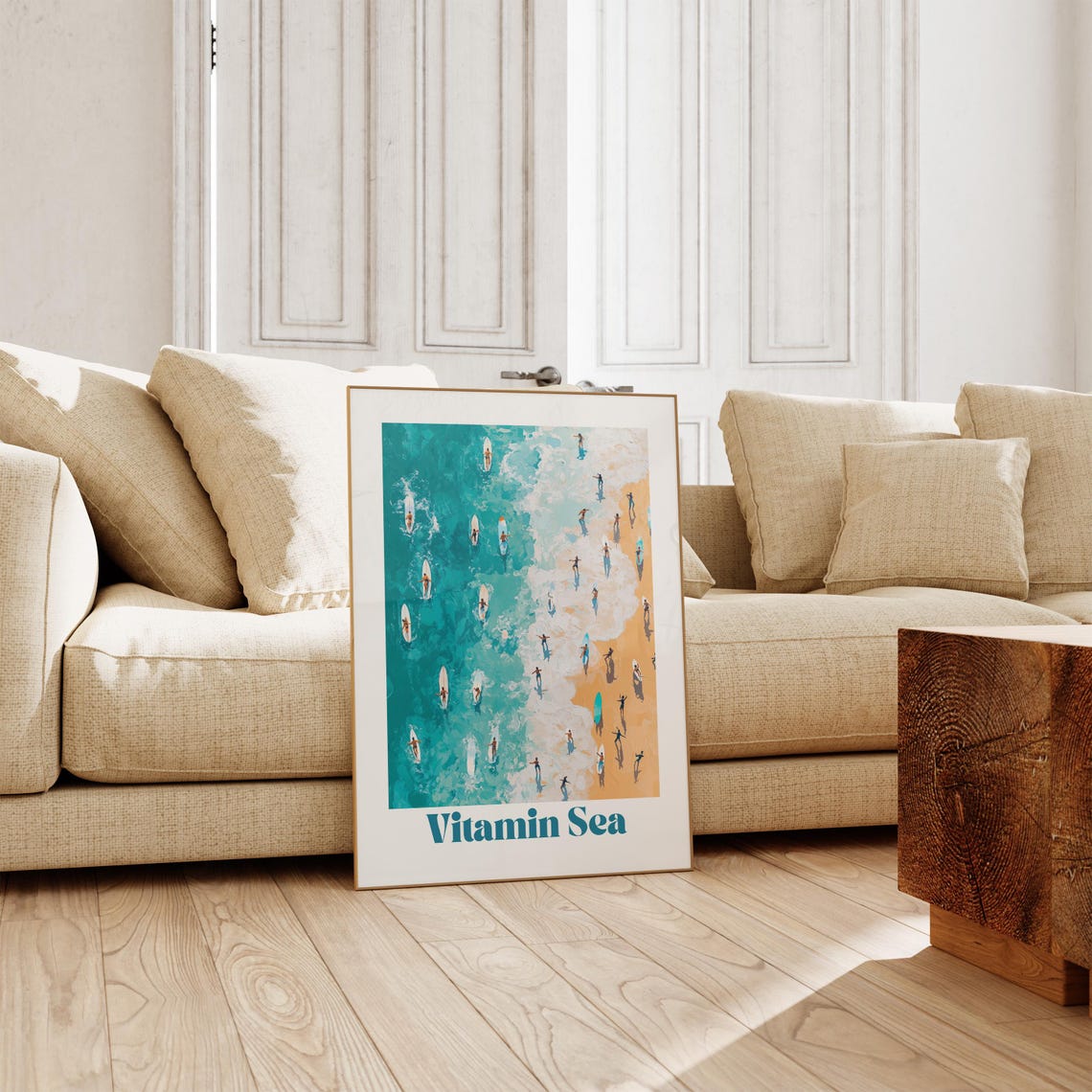 Vitamin Sea Aerial Beach Surfers Turquoise Playful Pun Poster - Image 3