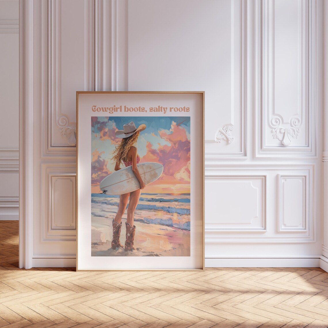 Cowgirl Boots Salty Roots Quote Poster Surfer Beach Sunset Decor
