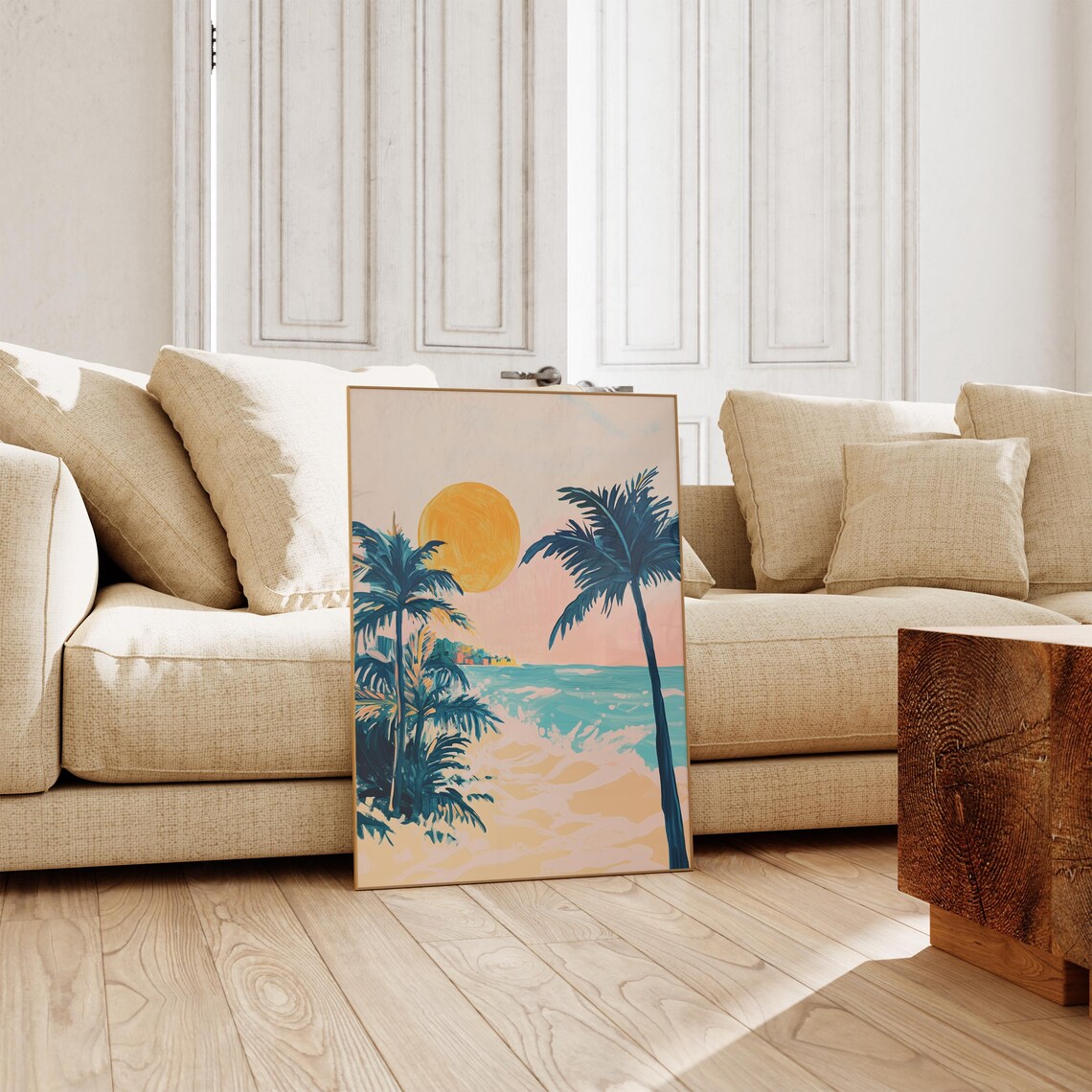 Tropical Sunset Painting Big Orange Sun Palm Trees Beach Poster - Image 3