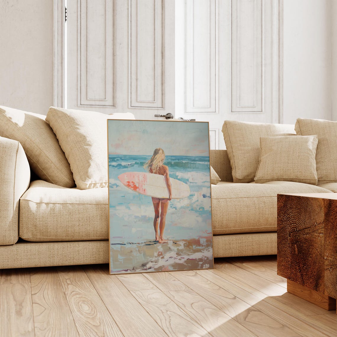 Blonde Surfer Girl Pink Surfboard Shoreline Watercolor Poster - Image 3