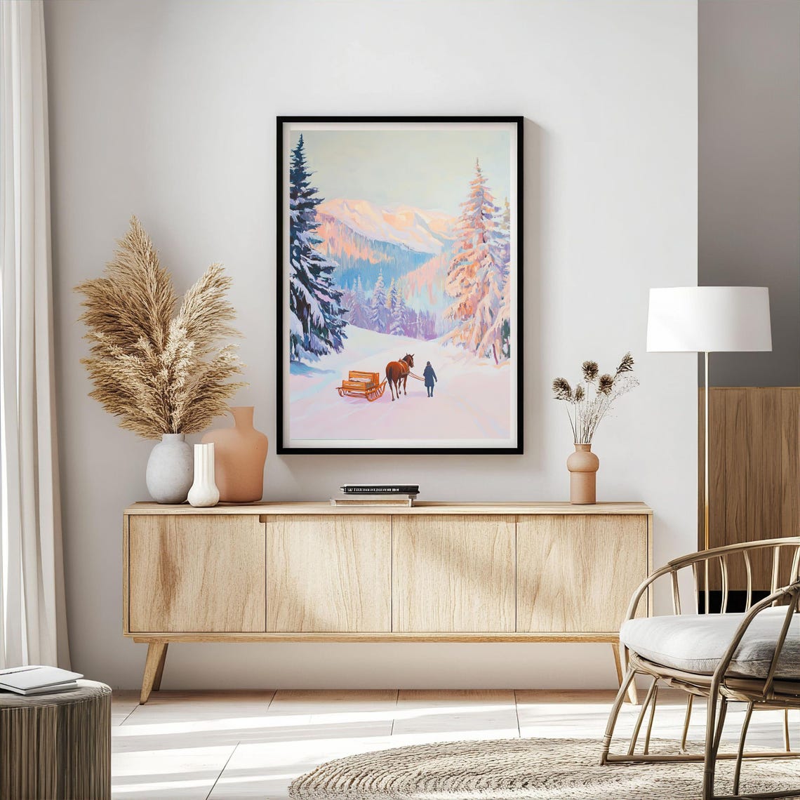 Horse Drawn Sleigh In Snowy Mountain Forest Scene Art Poster - Image 2