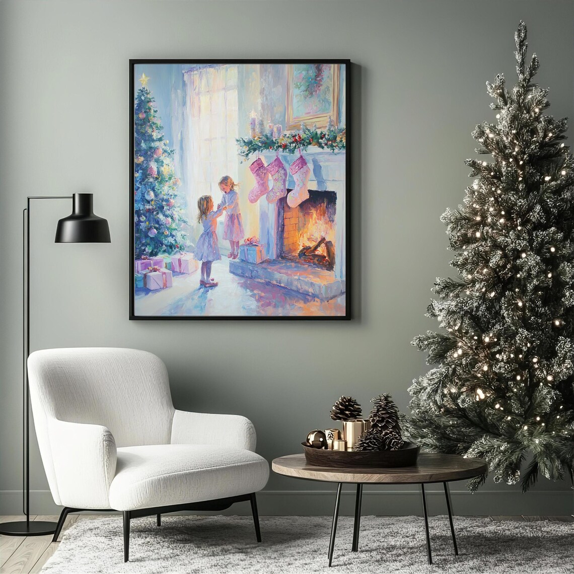 Children by Christmas Fireplace With Tree Cozy Holiday Art Poster - Image 3