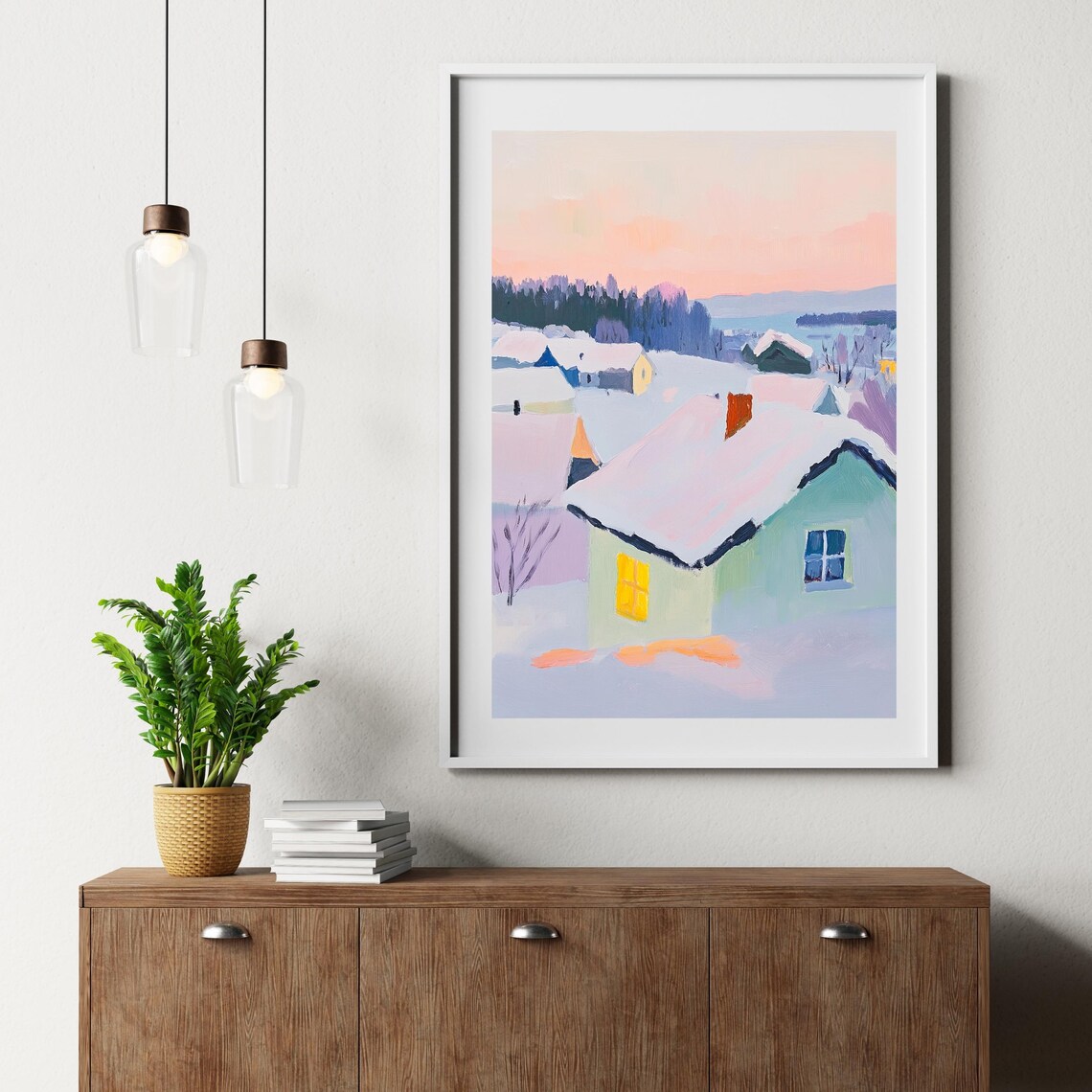 Winter Village Art Print, Snowy Scandinavian Landscape - Image 5