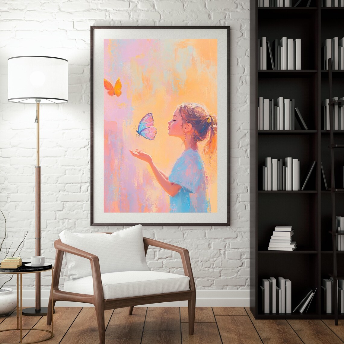 Girl Releasing Butterfly Dreamy Pastel Kids Nursery Art Poster - Image 3