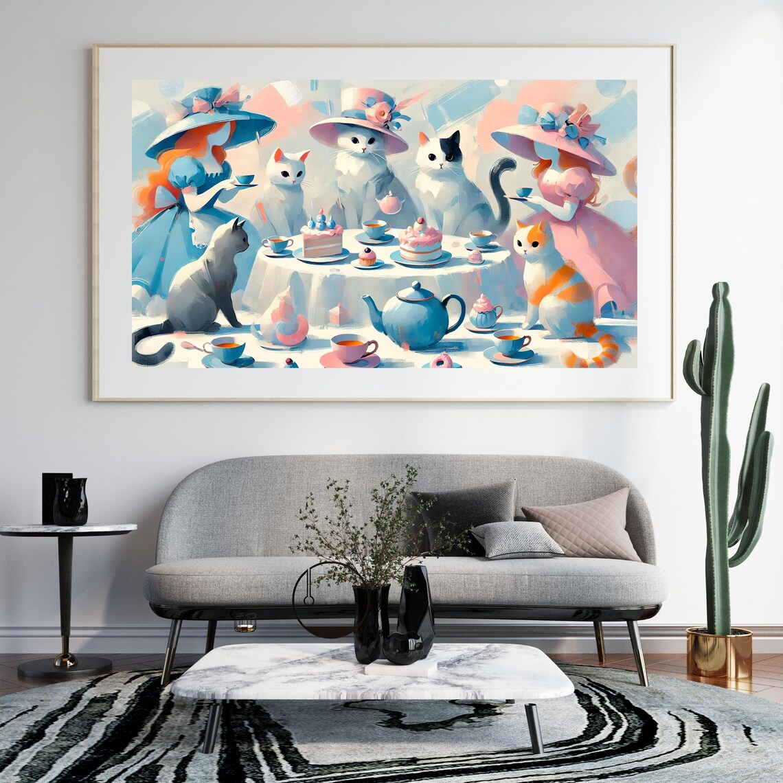 Cats Wearing Hats at a Pastel Tea Party Whimsical Animal Poster - Image 3