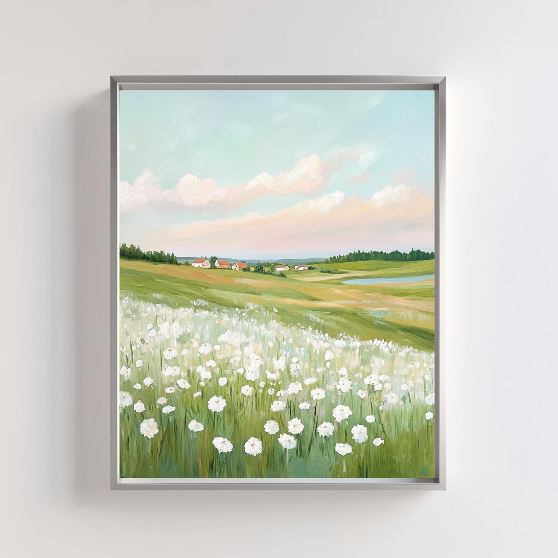 White Wildflower Meadow Rolling Country Farm Landscape Art Poster