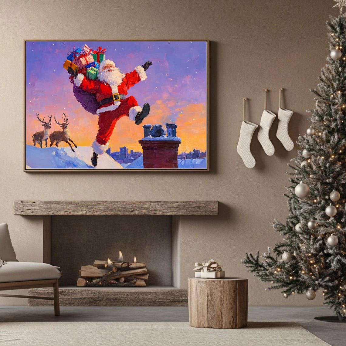 Santa Claus Dancing On Snowy Rooftop With Gift Sack Art Poster - Image 2
