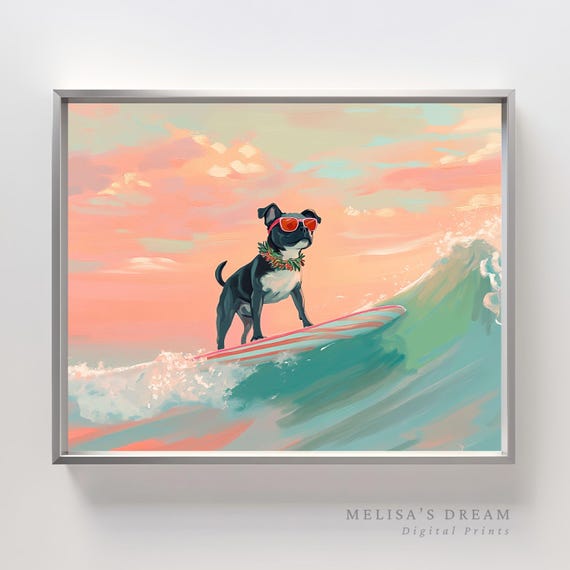 Surfing Dog Wall Art Funny Tropical Beach Pet Decor On Surfboard Poster Summer Coastal Artwork
