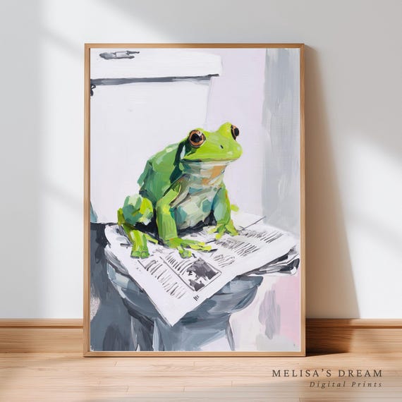 Funny Frog On Toilet Print Quirky Bathroom Wall Art Whimsical Poster Playful Amphibian Decor