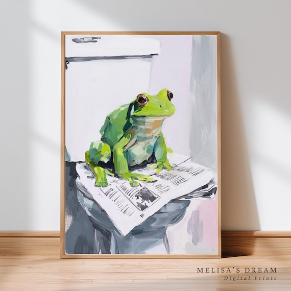 Funny Green Frog Sitting On Toilet Reading Newspaper Painting Poster
