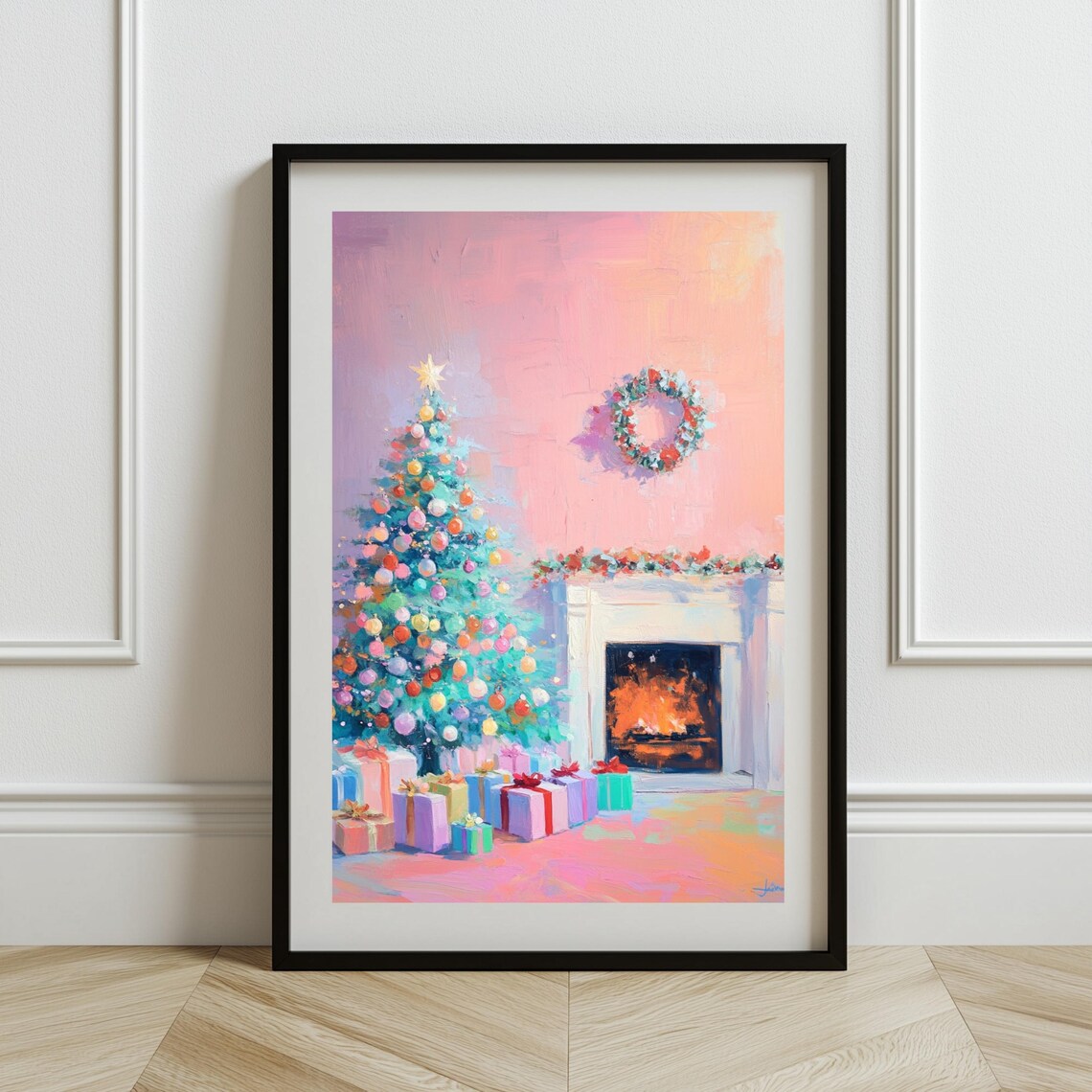 Cozy Christmas Tree By Fireplace With Wreath Gifts Art Poster - Image 3