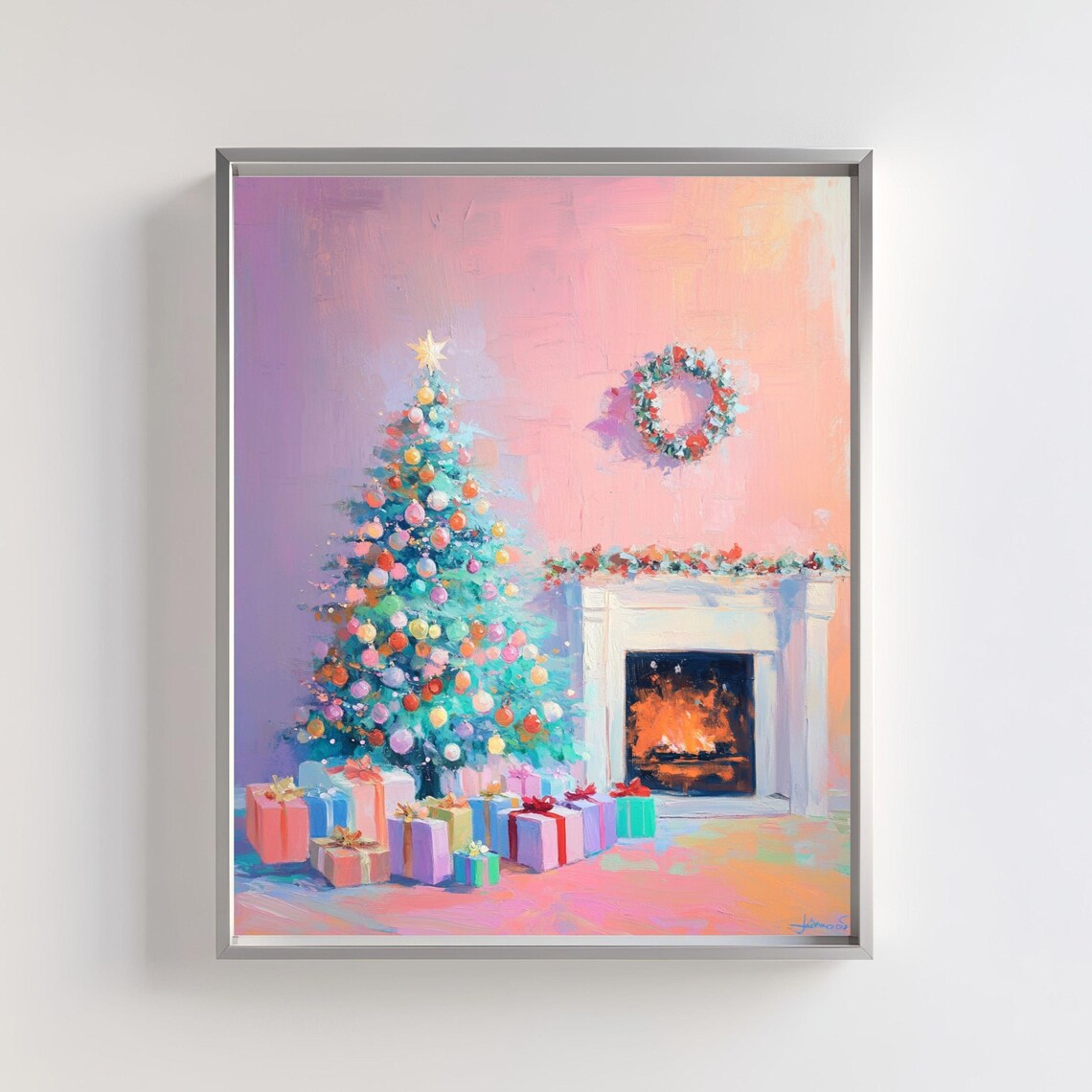 Cozy Christmas Tree By Fireplace With Wreath Gifts Art Poster