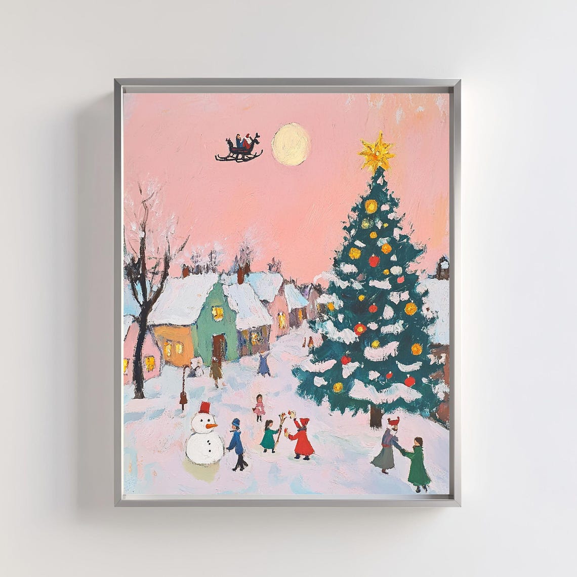 Pink Sky Christmas Village With Santa Sleigh Flying Art Poster