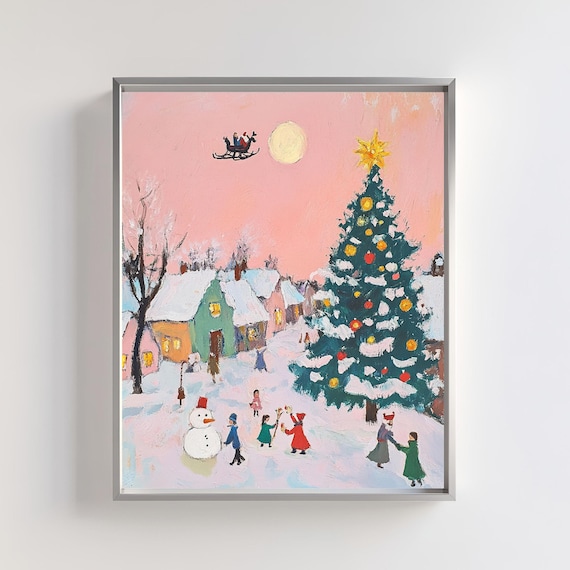 Pink Sky Christmas Village With Santa Sleigh Flying Art Poster