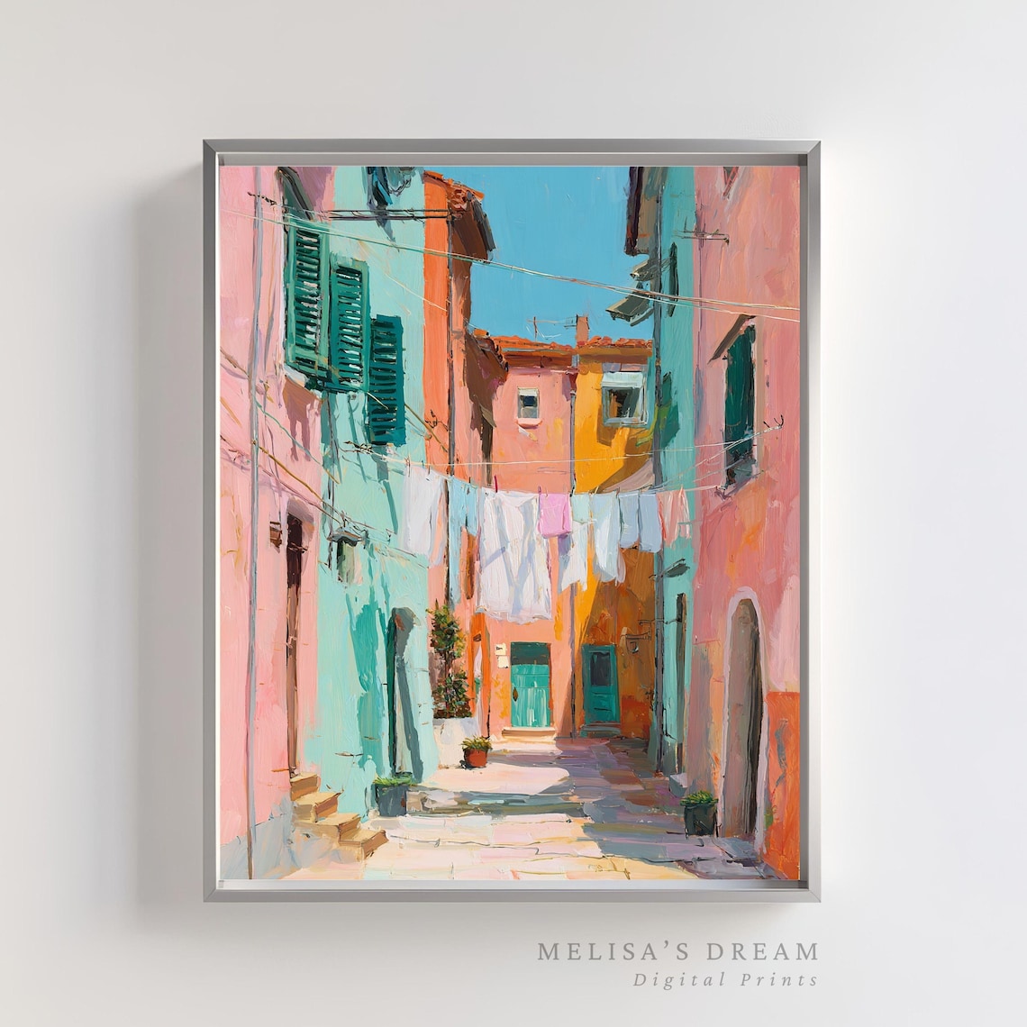 Italian Village Street Travel Poster, Mediterranean Decor