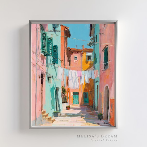 Italian Village Street Travel Poster, Mediterranean Decor