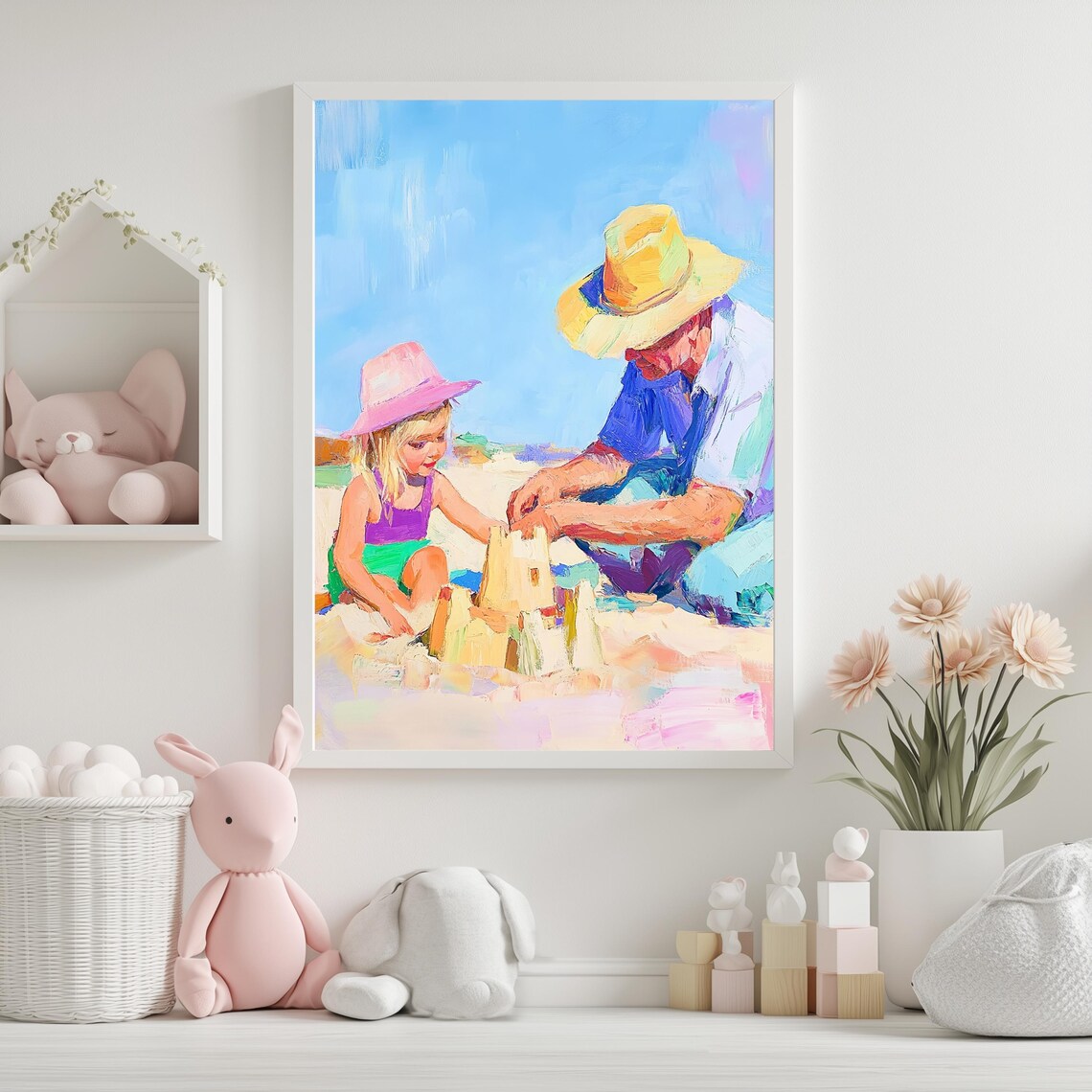 Beach Sandcastle, Grandfather And Child Scene Art Print - Image 5